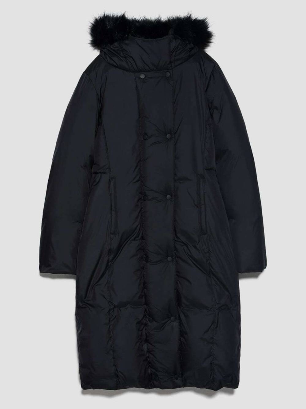 Zara Long Black Puffer Coat Faux Fur Trim Hood XS - Picture 3 of 16